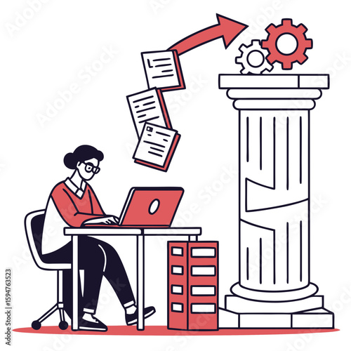 Person Working on Laptop at Desk with Documents and Column