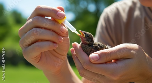 Person feeding a tiny baby bird with a syringe outdoors in a sunny environment