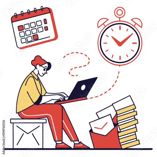 Person Working on Laptop with Calendar and Clock