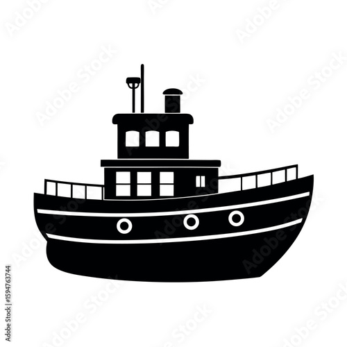 Powerful tugboat pushing and pulling ships Silhouette Vector illustration