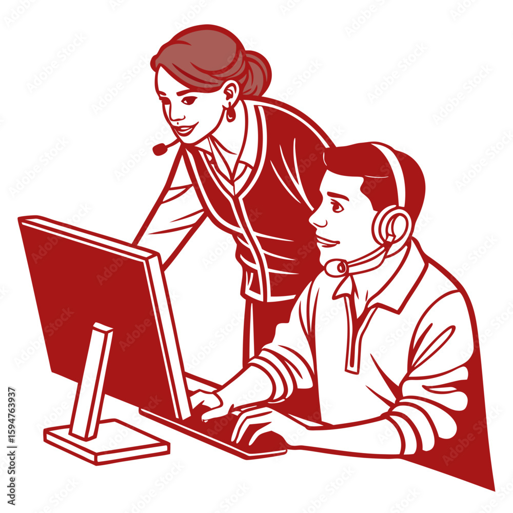 Red Illustration of a Teamwork Business Support Team Working on a Computer Red Illustration of a Teamwork Business Support Team Working on a Computer