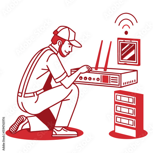 Red Illustration of Technician Repairing Network Equipment