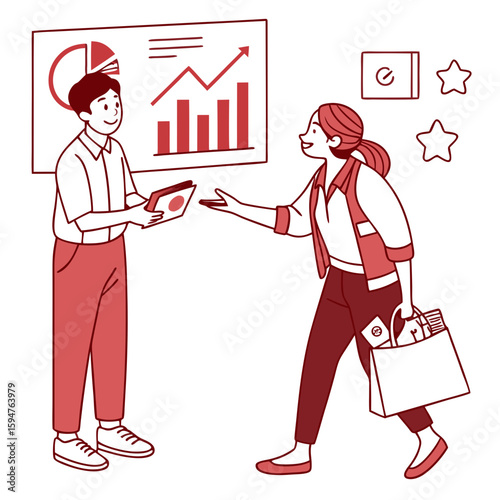 Red Illustration of Business People Exchanging Documents and Positive Interaction