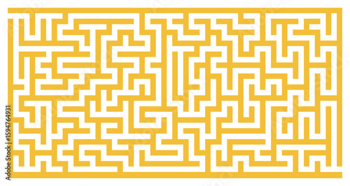 Horizontal yellow maze with thick lines and transparent background. Complex abstract puzzle labyrinth design full of twists, turns, logic paths, challenging brain teaser for vector game background