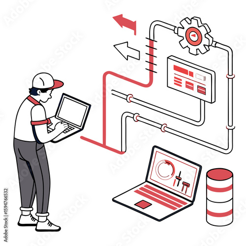 Technician Monitoring Industrial System via Laptop