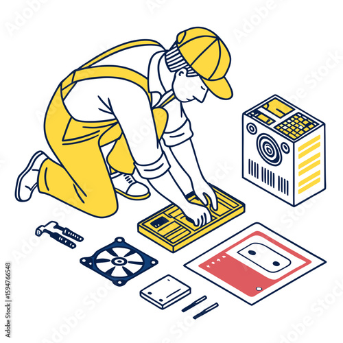 Technician Repairing Computer Components Isometric Illustration