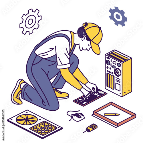 Technician Repairing Computer Components Isometric Illustration