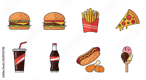 Fast Food Icons: Burgers, Pizza, Fries, Soda
