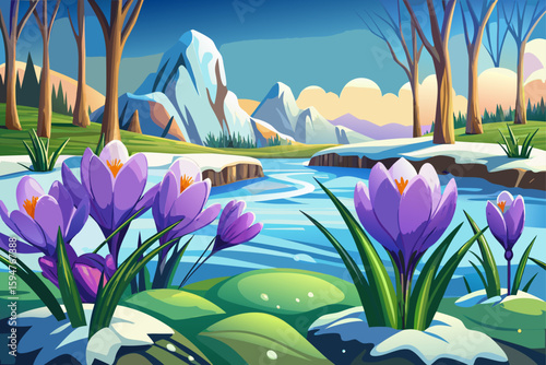 vector of Snow melting and crocus blossoming in the spring meadow...