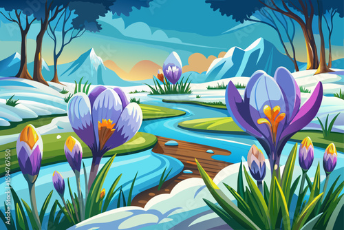 vector of Snow melting and crocus blossoming in the spring meadow...