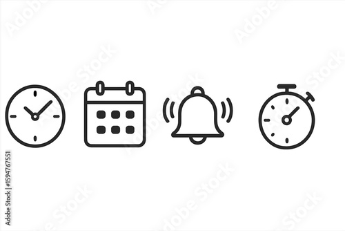 Collection of time-related icons showcasing clock, calendar, alarm bell, and stopwatch for productivity and scheduling purposes