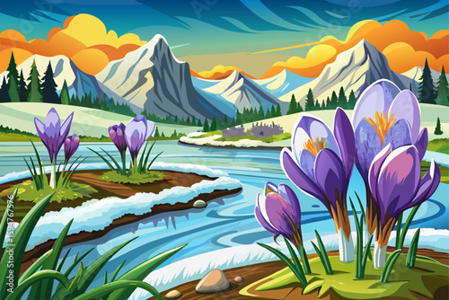 vector of Snow melting and crocus blossoming in the spring meadow...