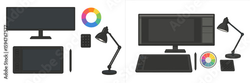Workspace setup for digital design featuring monitor, graphics tablet, color wheel, and accessories