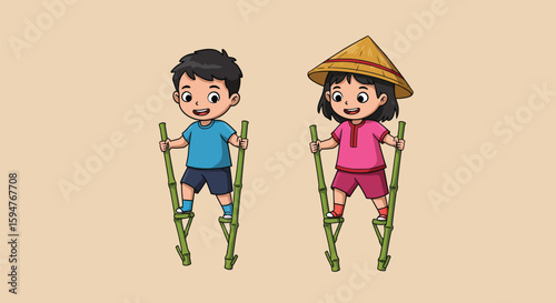 Children Playing with Bamboo Stilts