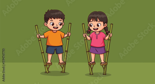 Children Playing with Bamboo Stilts