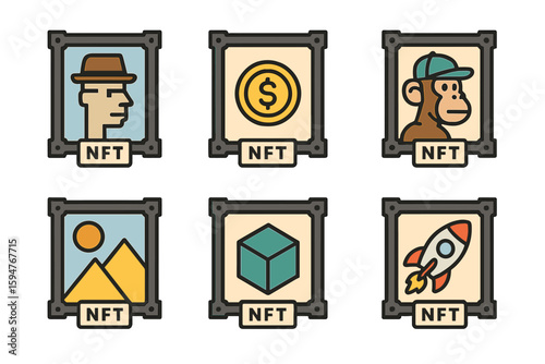 Collection of digital art pieces featuring cryptocurrency and character designs displayed in ornate frames