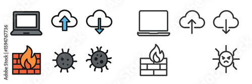 Cybersecurity icons illustrating online data transfer and protection measures in digital environments