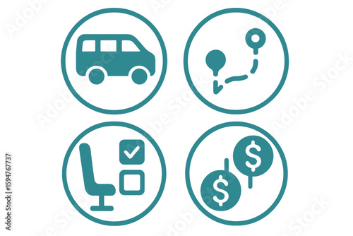 Transportation icons represent various aspects of travel, including vehicles, routes, seating, and pricing information in a simple design