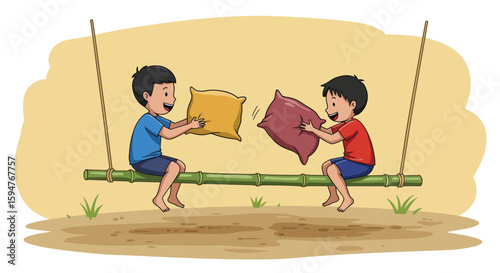 Children Playing Pillow Fight on a Bamboo Swing