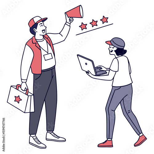 Two People Celebrating Success with Laptop and Megaphone