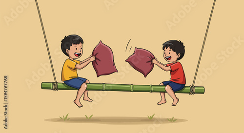 Children Playing Pillow Fight on a Bamboo Swing