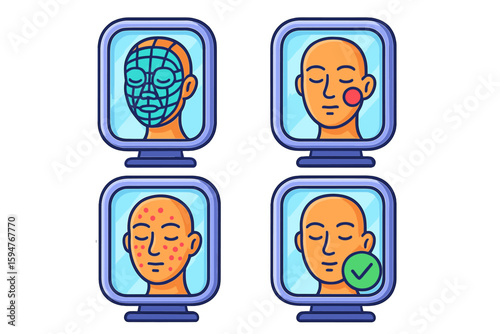 Digital process showing facial analysis and skin condition assessment for virtual cosmetic treatments