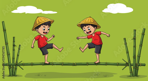 Children Playing Bamboo Tightrope Walking