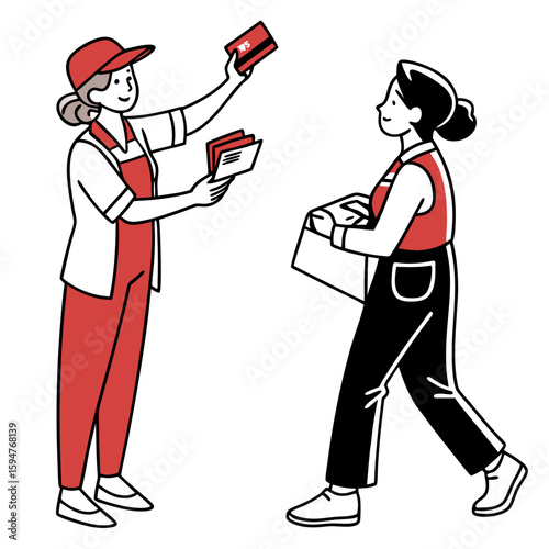 Two Women Exchanging Package and Payment Cards