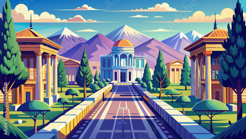 Dushanbe, Tajikistan – Tree-lined boulevards, neoclassical facades, and surrounding mountains create a graceful, elegant vector-ready composition full of charm and peace.