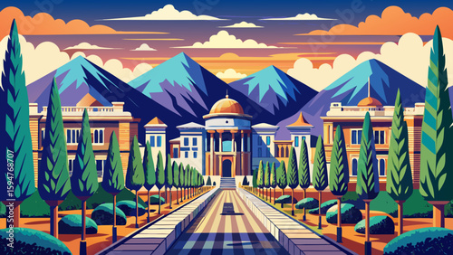 Dushanbe, Tajikistan – Tree-lined boulevards, neoclassical facades, and surrounding mountains create a graceful, elegant vector-ready composition full of charm and peace.