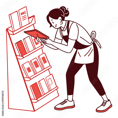 Woman Examining Books on a Red and White Display Shelf