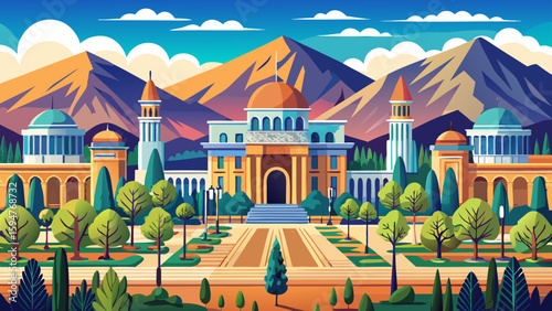 Dushanbe, Tajikistan – Tree-lined boulevards, neoclassical facades, and surrounding mountains create a graceful, elegant vector-ready composition full of charm and peace.