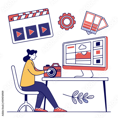 Woman Photo Editor Using Computer and Camera at Desk