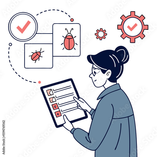 Woman Reviewing Checklist on Tablet for Bug Fixing