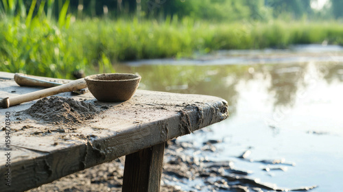 Serene wetland scene featuring wooden table with sediment and bowl, surrounded by lush greenery and calm water