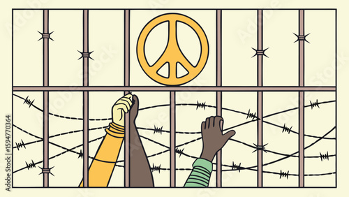 Hands reaching through barbed wire fence with a peace symbol above the prison bars in the background