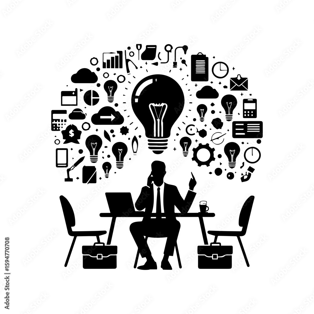 Businessman brainstorming with light bulb overhead Businessman brainstorming with light bulb overhead