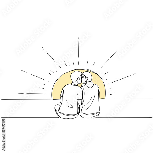 Couple kissing while sitting together at sunrise with warm light  