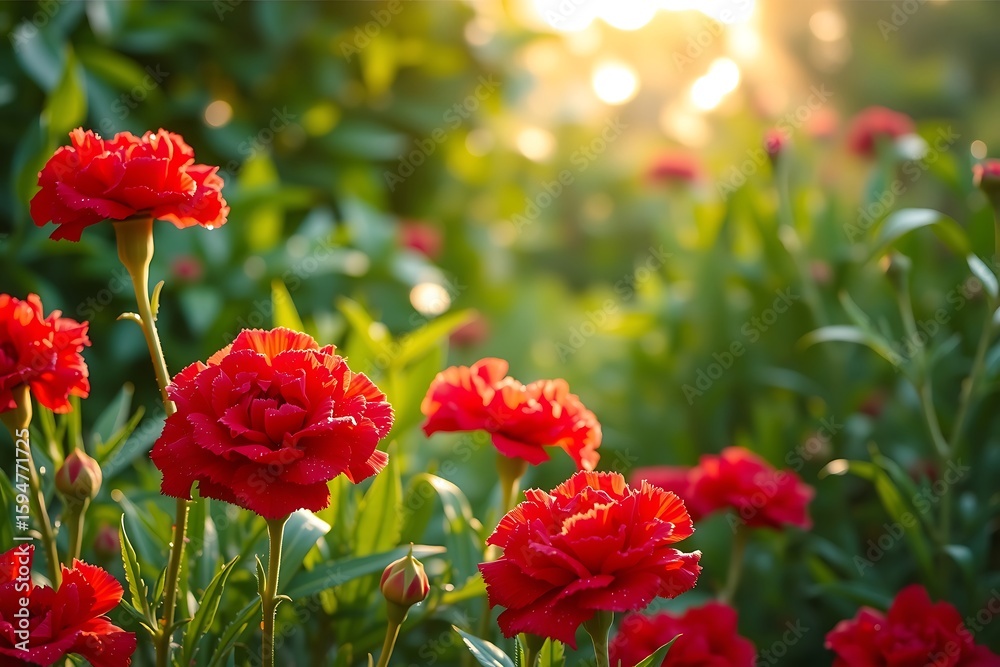 Fototapeta premium Vibrant Red Carnation Flowers in Garden at Sunset 