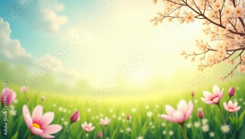 Spring Meadow with Pink Flowers Blossoming Under a Sunny Sky