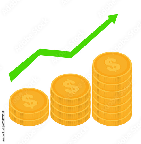 Gold coins with upward green arrow showing financial growth