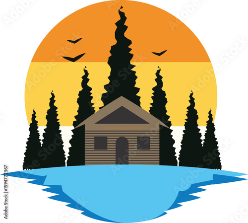 cabin in woods with canal design emblem vector illustration