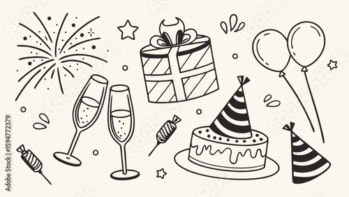 This sentence reflects the mixed themes of birthday and Christmas, and emphasizes that the image contains a variety of celebratory icons and design elements Let me know if you'd like it shorter or sty