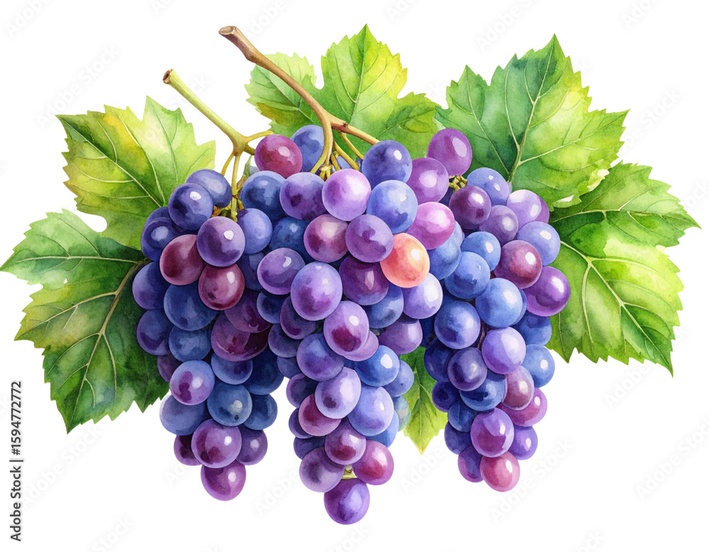 Fototapeta premium Watercolor Painting of Purple Grapes with Leaves, isolated PNG