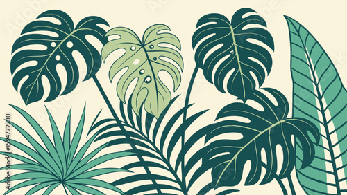 Flat vector illustration of vibrant green tropical jungle leaves including monstera and palm fronds on a light background, perfect for botanical arts