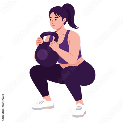Woman Doing Kettlebell Squats for Strength Training, Fitness Illustration of a Woman Lifting a Kettlebell in a Squat Position