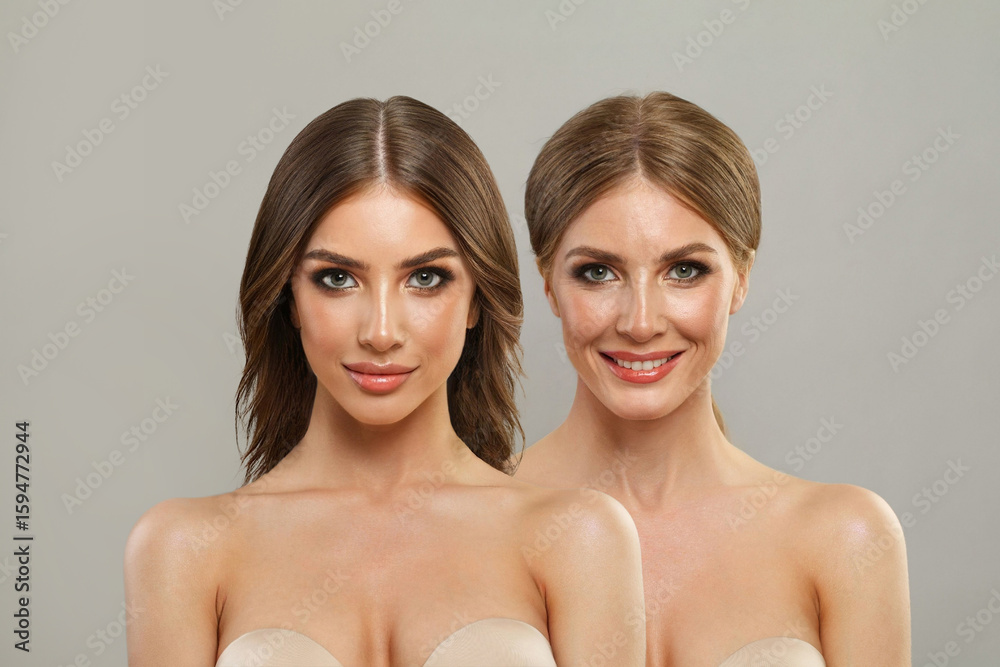 Gorgeous young model woman and mature woman. Two female faces collage set. Old and young face Gorgeous young model woman and mature woman. Two female faces collage set. Old and young face