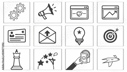Black and white hand-drawn business and marketing icon set featuring gears, megaphone, lightbulb, target, and digital concepts for web and app design