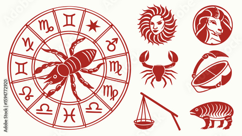 Vintage red and white zodiac astrology signs illustration featuring a detailed horoscope wheel a prominent scorpion sun face ram crab scales and fish symbols