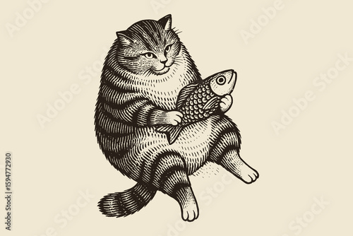 Fat cat with fish vintage engraving vector illustration